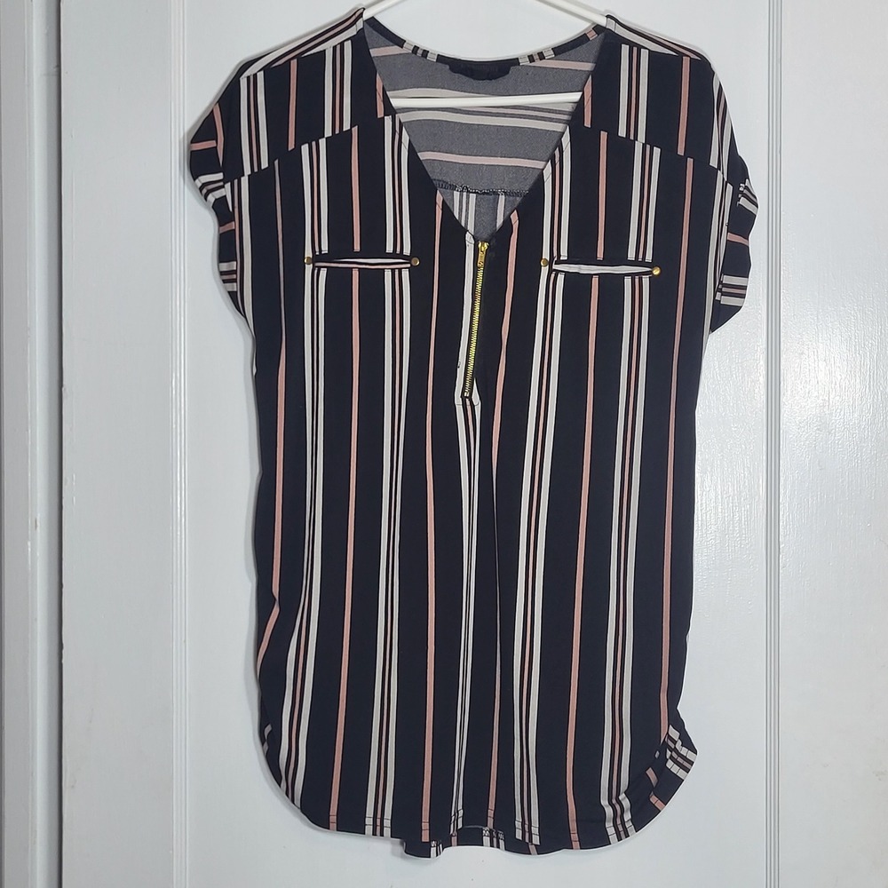 Sweet Wanderer Maternity Striped Half Zip Blouse Black Pink Large TB3205M-F